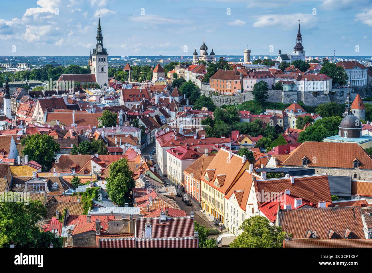 Ammira i tetti di tegole rosse e le guglie della chiesa della città vecchia di Tallinn dalla torre della chiesa di Sant'Olaf a Tallinn, Estonia, Nord Europa Foto Stock