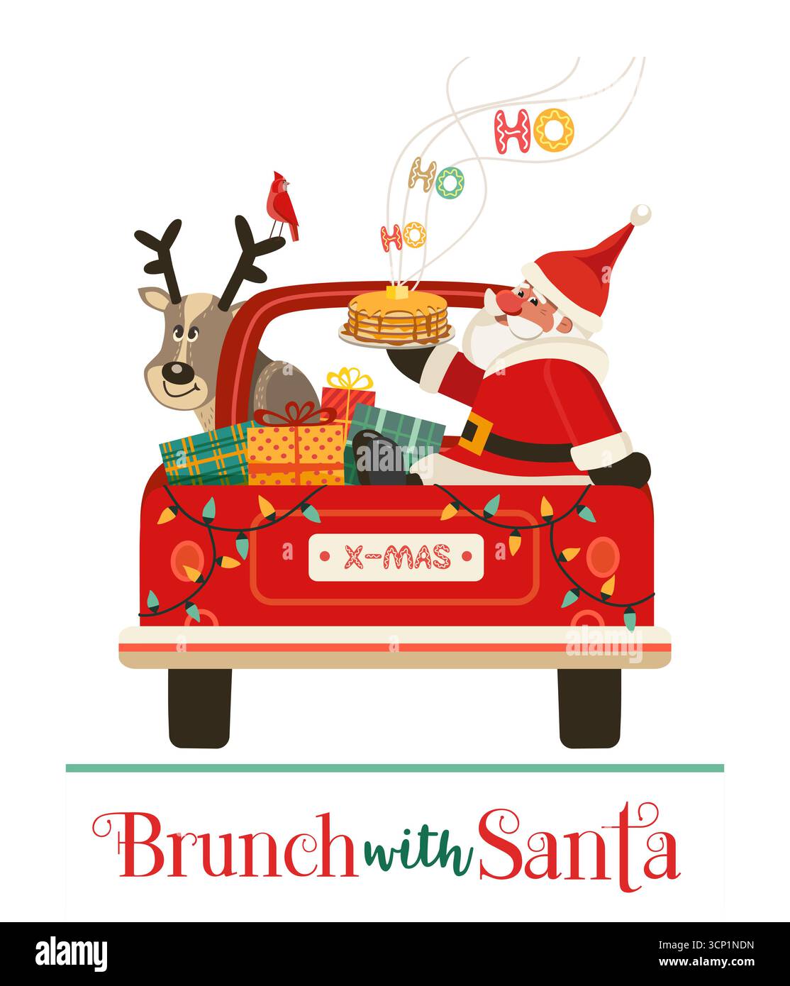Brunch con poster vettoriale per eventi festivi di Babbo Natale. Il carino Babbo Natale consegna i pancake in un camion rosso. Colazione divertente per i bambini di Natale. Festa della vigilia di Capodanno Illustrazione Vettoriale
