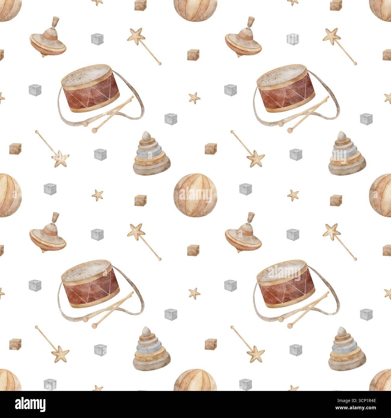 Crea un motivo rétro per giocattoli in legno, palla che gira sulla piramide superiore. Illustrazione ad acquerello disegnata a mano in stile vintage infantile. Stampa senza interruzioni isolata da Foto Stock