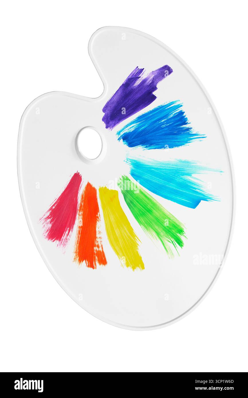 L'acquerello arcobaleno dipinge sulla tavolozza dell'artista isolata sul bianco Foto Stock