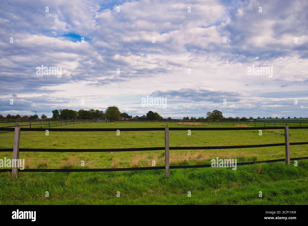 Vasto pascolo verde con recinzione di legno nera sotto un paesaggio di cielo nuvoloso Foto Stock