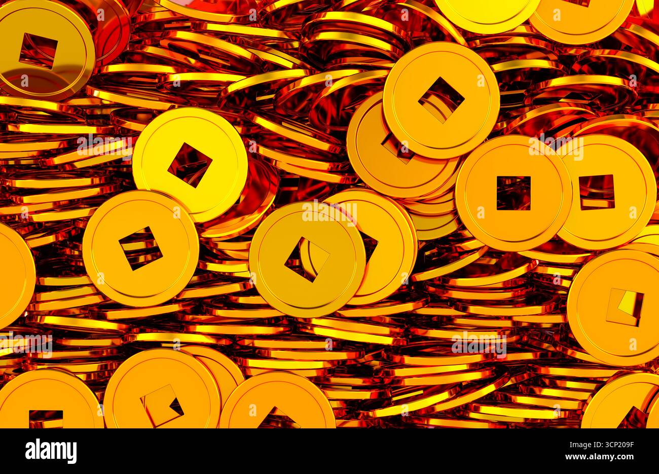Le monete d'oro cinesi si accumulano con foro quadrato, sfondo. Rendering 3D. Foto Stock