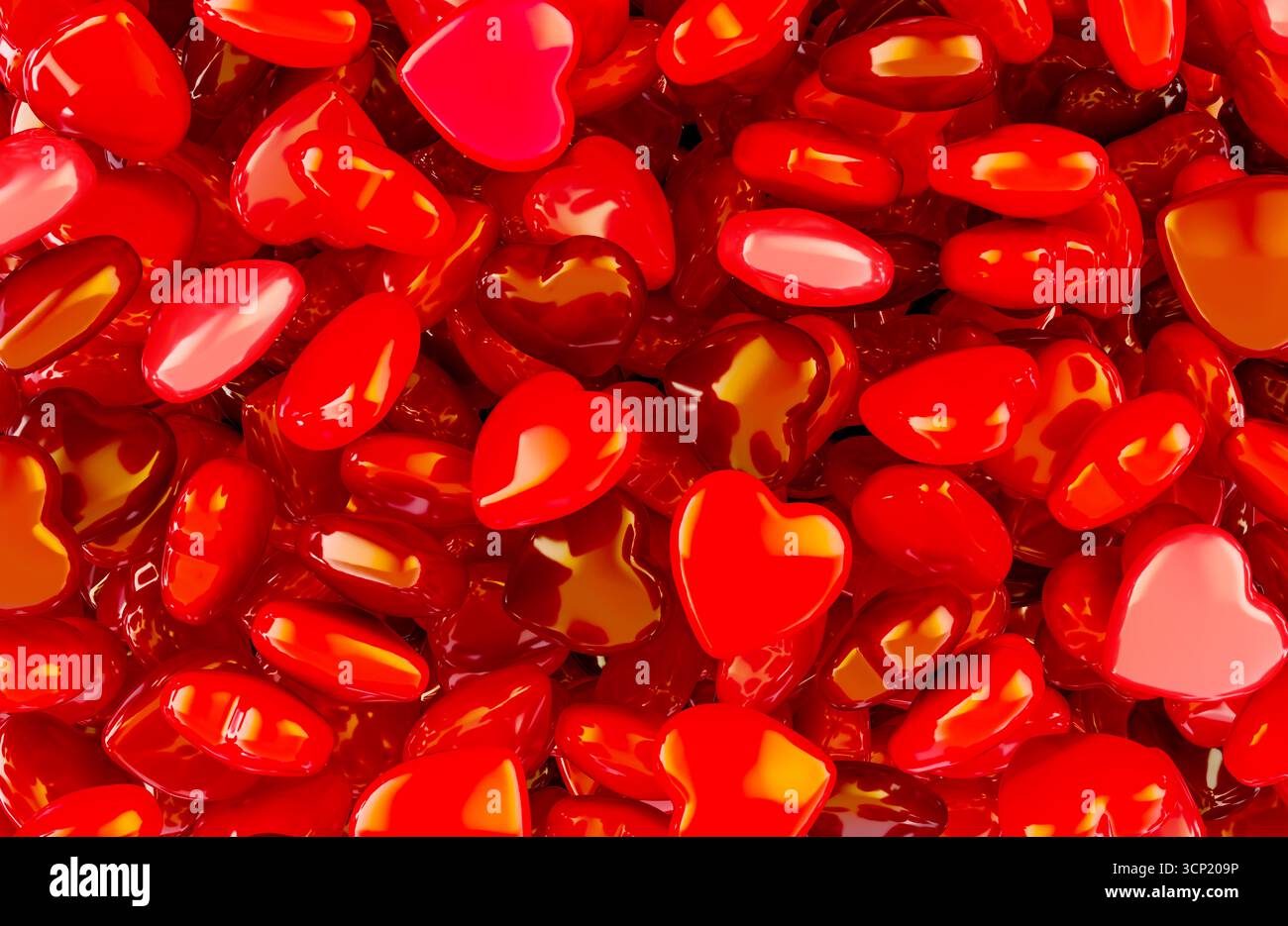 Pile di cuori rosso lucido, sfondo. Rendering 3D. Foto Stock