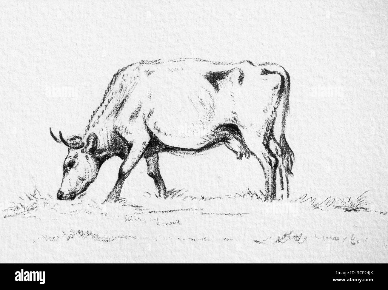 Mucca da pascolo di Jean Bernard - pittura pastorale francese del XIX secolo, arte rustica degli animali da fattoria, scena del bestiame di campagna, opere d'arte di pubblico dominio Foto Stock