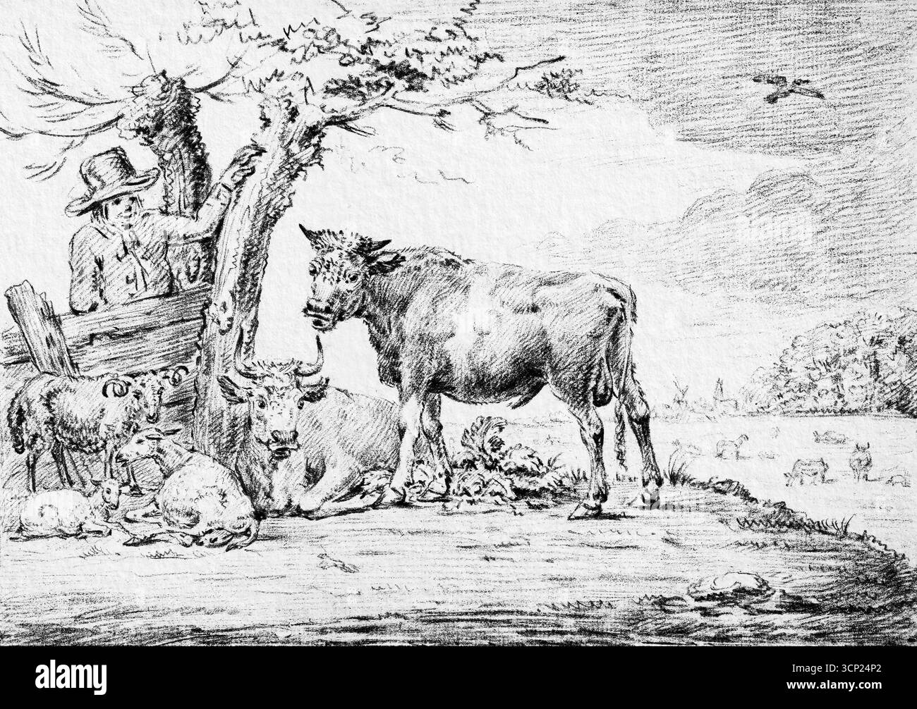 Farmer with Cattle at a Fence (1810s) di Jean Bernard (1775–1883) – scena rurale francese del XIX secolo, opere d'arte pastorale del bestiame, Rijksmuseum Foto Stock