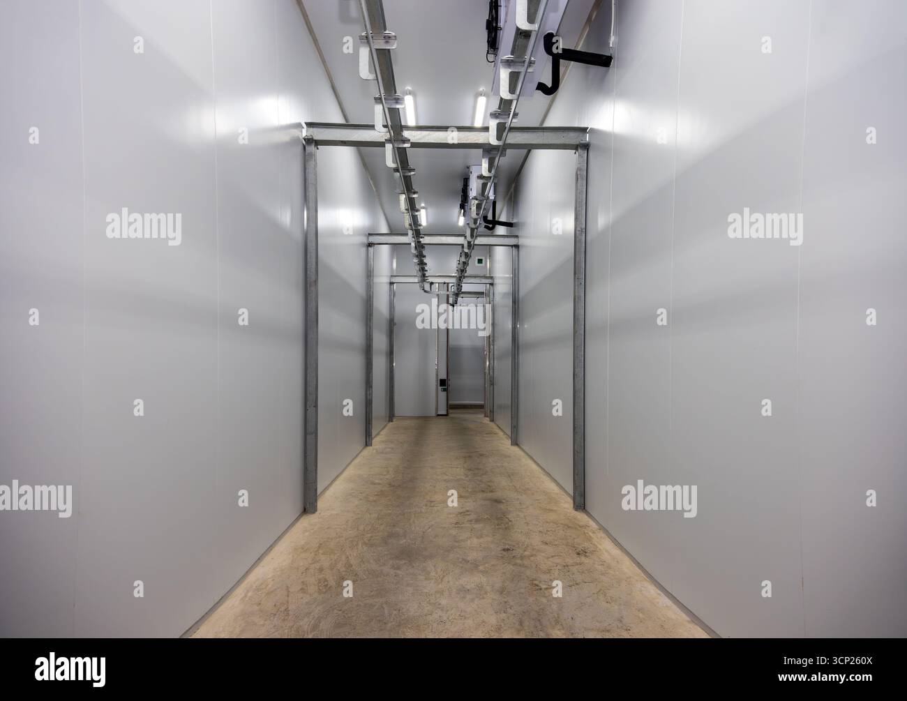 Fabbrica di macelleria in mattatoi, edifici progettati per la conservazione di frigoriferi e congelatori, sistemi di stoccaggio per la doppia ferrovia nel corridoio di passaggio, nessuno Foto Stock