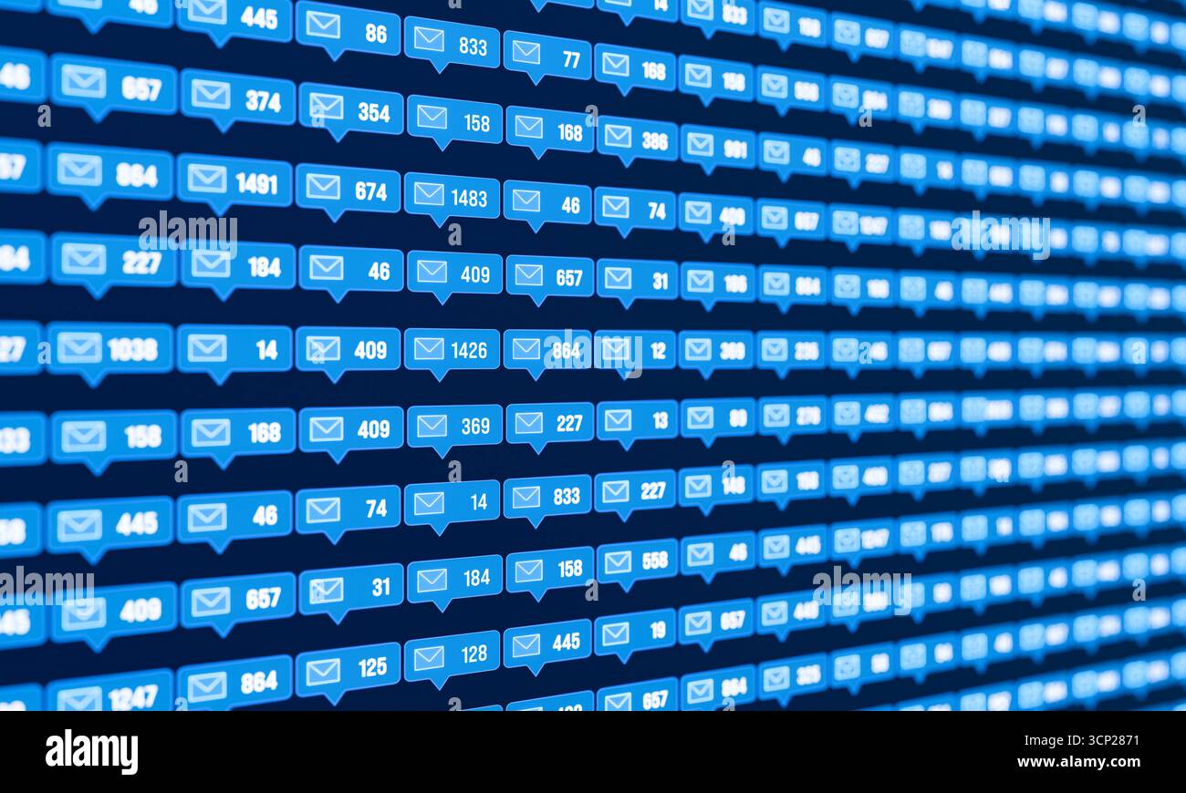 Account e-mail con numero di e-mail nella posta in arrivo e nella rete di comunicazione. Account e-mail blu, numero di e-mail nella posta in arrivo, rete di comunicazione. Social media, supporto informativo, gestione delle risorse digitali, interfaccia amministratore di sistema, controllo. social media002s04 mail icons Foto Stock