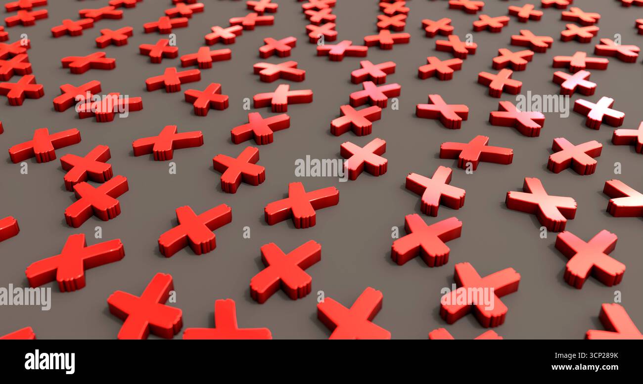 Simboli dei contrassegni incrociati in rosso. Simboli dei contrassegni incrociati in rosso. Firma per sbagliato, sbagliato, non giusto, falli, errore. Illustrazione 3D symbol042s11 Red cross marks Foto Stock