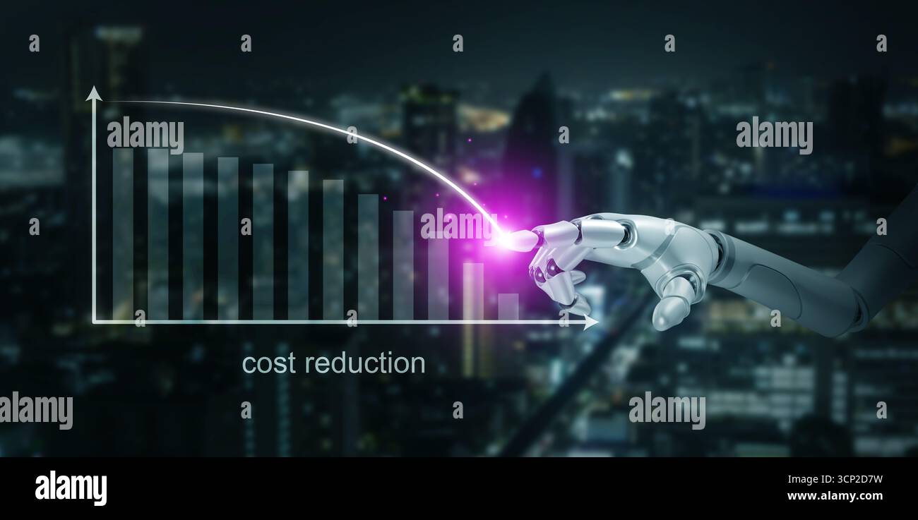 Robot AI che puntano a un grafico a barre in diminuzione con un concetto di riduzione dei costi, che rappresenta efficienza, automazione e tecnologia digitale in soluzioni innovative Foto Stock