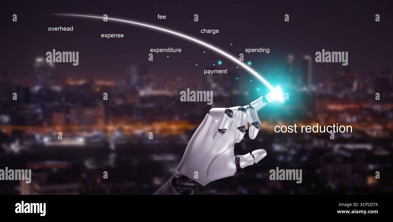 Robot AI che puntano a un percorso futuristico di riduzione dei costi con parole chiave di spesa, spesa e pagamento, che rappresentano la tecnologia intelligente per le aziende Foto Stock