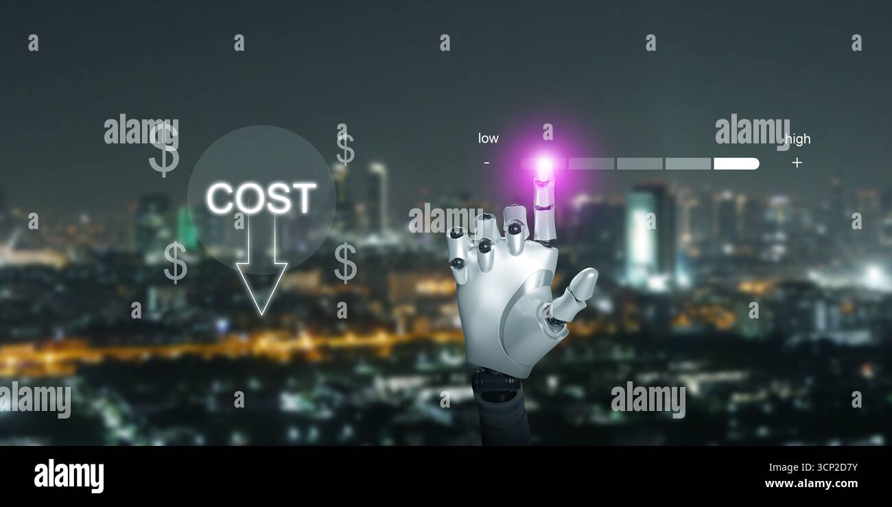 Robot con intelligenza artificiale che abbassa l'indicatore dei costi sull'interfaccia digitale futuristica, che rappresenta tecnologia, efficienza e risparmi finanziari Foto Stock