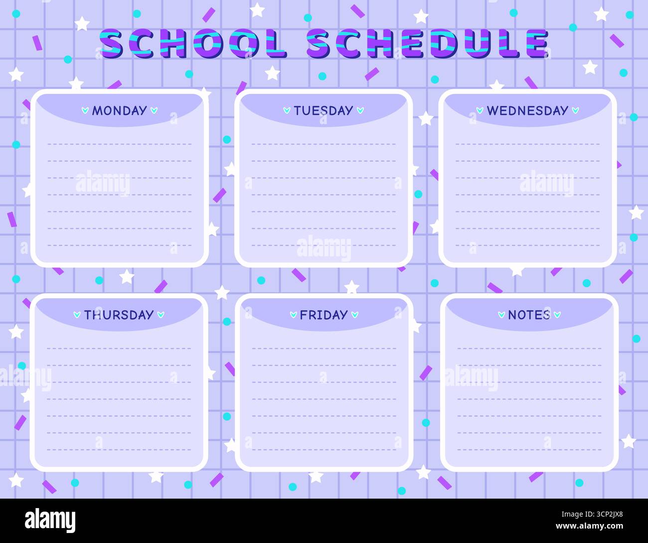 Modello di pianificazione scuola vettoriale in blu. Orari per scolari e alunni, disegno di cartoni animati, pianificatore settimanale delle lezioni di ritorno a scuola W Illustrazione Vettoriale