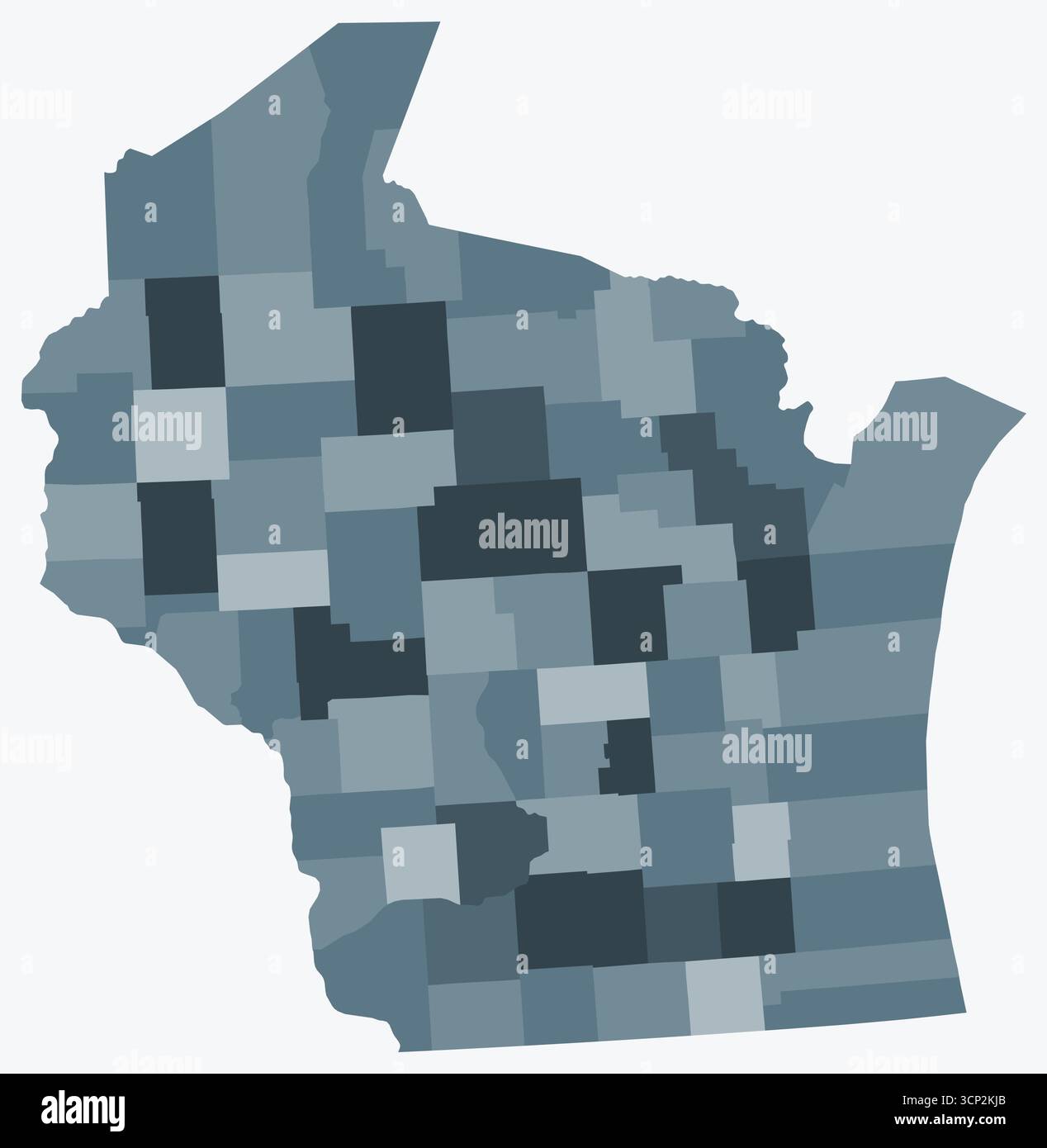 Mappa del Wisconsin con le contee. Una semplice mappa dei confini di stato con divisioni di contea in una tavolozza di colori blu-grigio. Illustrazione Vettoriale