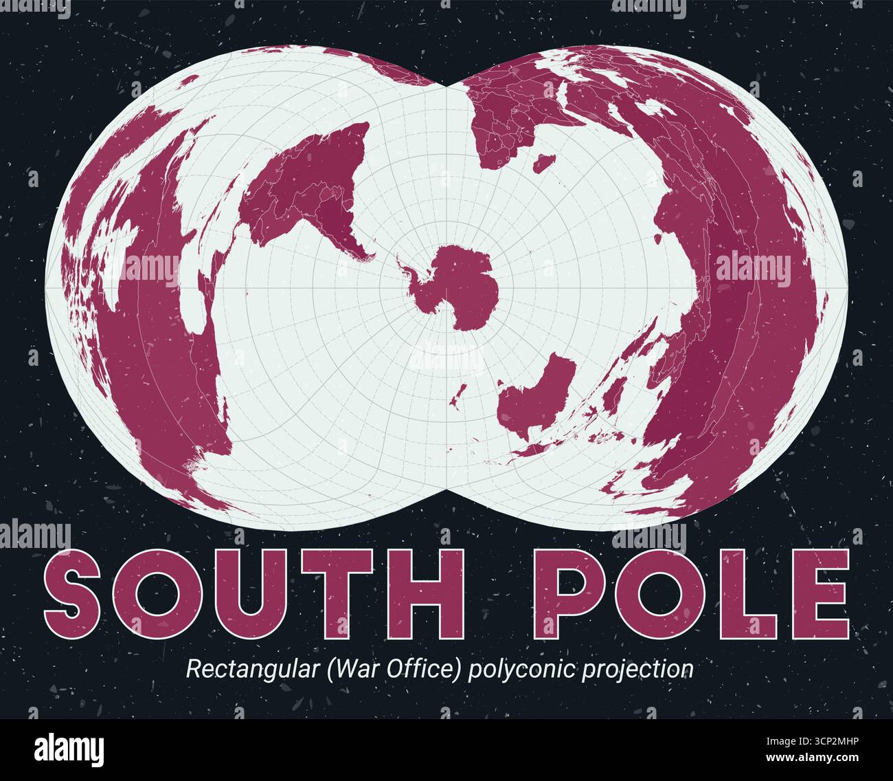 Polo Sud. Mappa del mondo. Proiezione rettangolare (War Office) policonica centrata sul Polo Sud. Pallido Mint Dark Pink (Rosa scuro). Texture vintage. Illustrazione Vettoriale