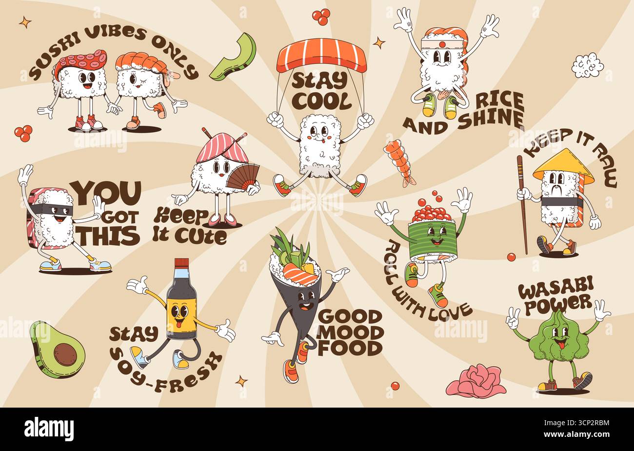 Adesivi retrò y2k con simpatici personaggi del sushi cartoni animati con espressioni giocose e divertenti citazioni come riso e lucentezza, rimani fresco, potenza wasabi. Patch vettoriali per gli amanti del cibo e della cultura pop giapponese Illustrazione Vettoriale