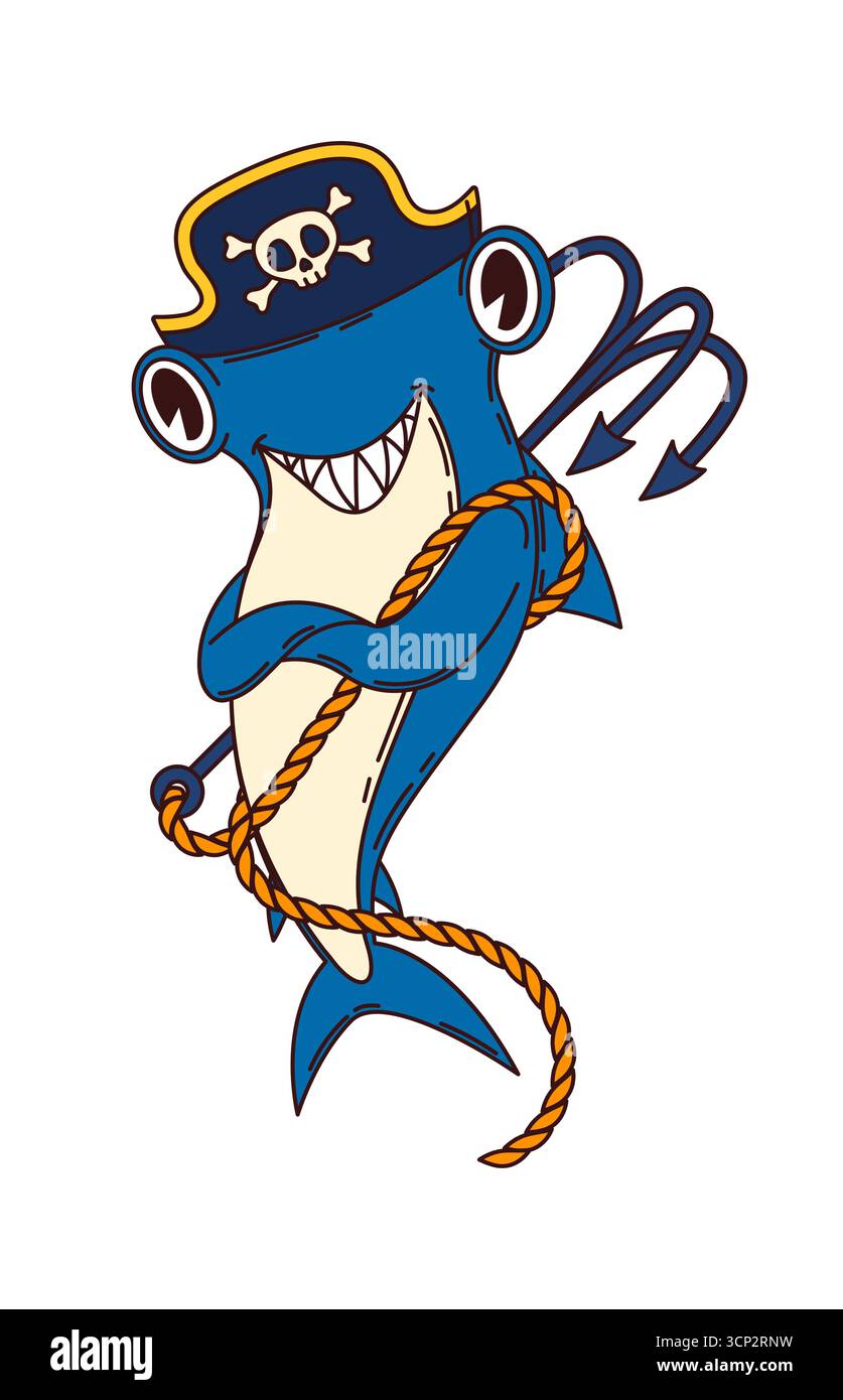 Pesci cartoni animati pirati o corsari animali e equipaggio di simpatico squalo martello, personaggio vettoriale. Squalo martello cartoni animati in cappello tricorne capitano marinaio con ossa incrociate e rampino Illustrazione Vettoriale