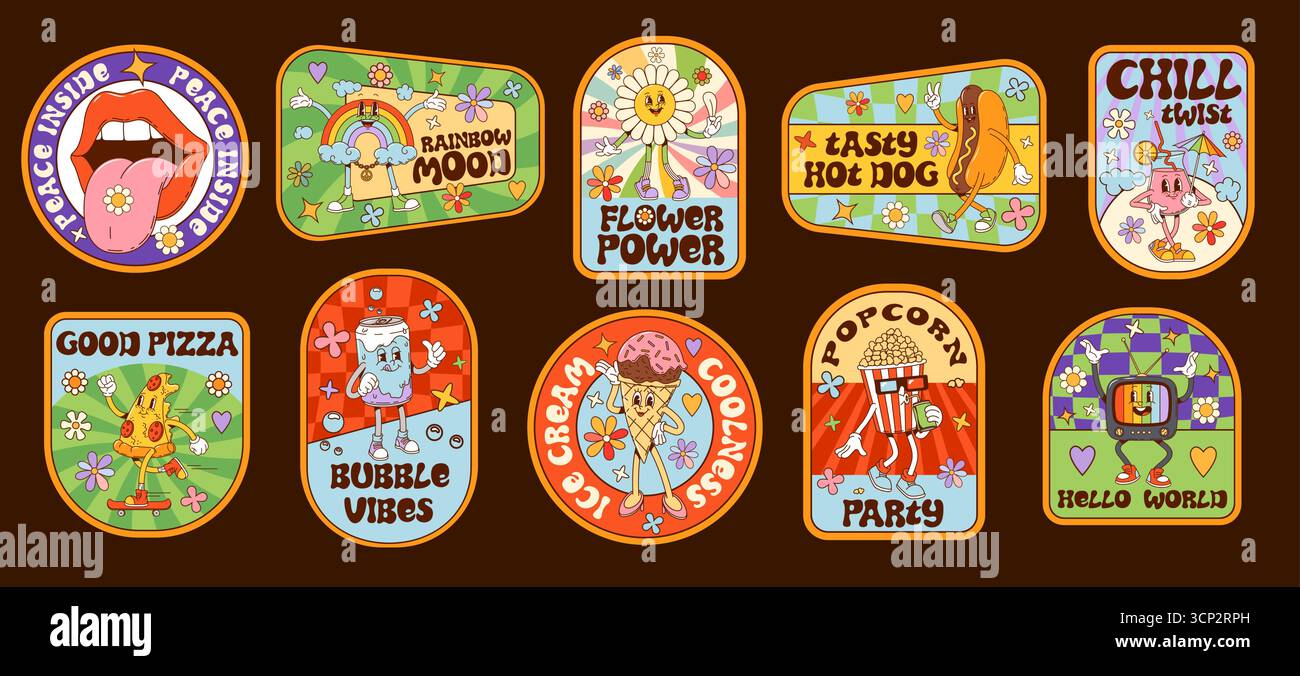 Adesivi e patch hippie con personaggi psichedelici retrò dei cartoni animati. Fiori vettoriali, arcobaleno, pizza, hot dog e cocktail estivi, pace hippy e buoni adesivi Illustrazione Vettoriale