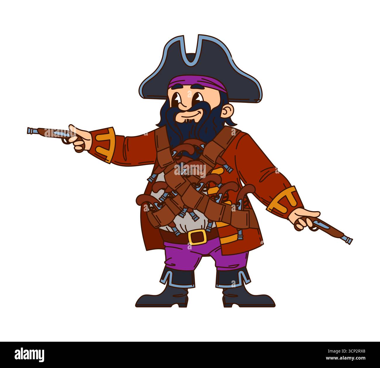 Pirata caraibica o personaggio corsaro con pistole a moschetto e vettore cartoni animati. Marinaio dei Caraibi o capitano di marinaio in cappello tricorne armato di fucili e bandoliere come personaggio divertente corsaro Illustrazione Vettoriale