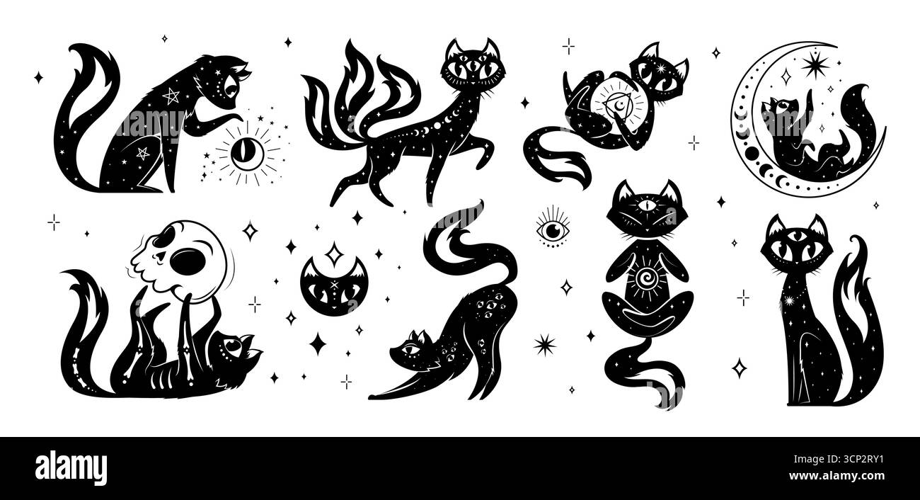 Magici gatti neri mistici, set mistico di stregoneria con simpatici gattini, lune mezzaluna, stelle, terzi occhi e simboli magici. I gatti vettoriali incarnano le vibrazioni occulte, fantasy spirituali e celesti Illustrazione Vettoriale