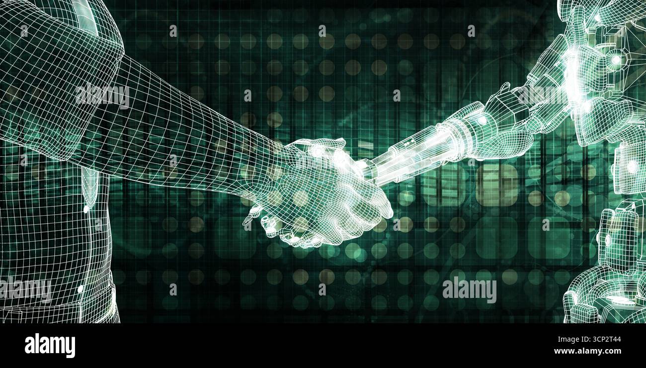 Handshake robot umano come concetto di comunicazione astratta Foto Stock
