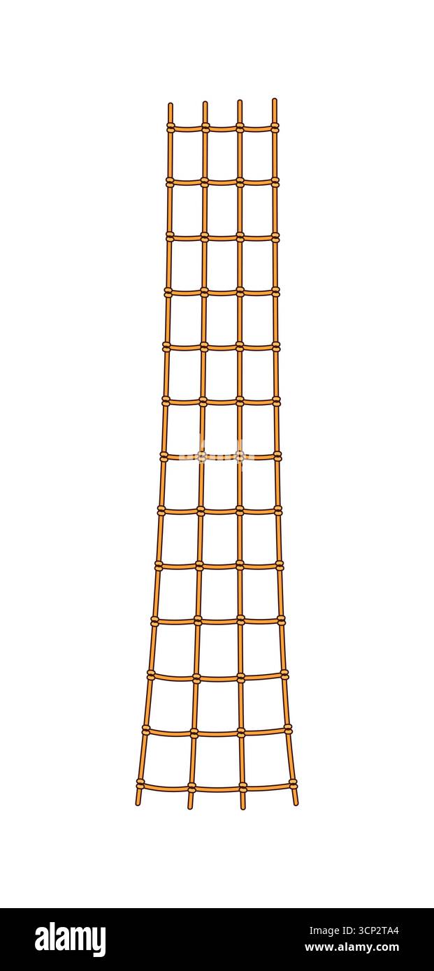 Scala per funi pirata scanalate cartoni animati, scale con funi verticali e orizzontali annodate alle intersezioni in un modello a griglia. Strumento di arrampicata nautica vettoriale per navi, missioni marine o avventure di gioco fantasy Illustrazione Vettoriale