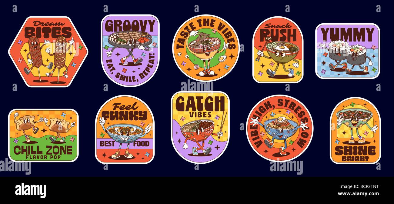 Cucina coreana adesivi di etichette e pezzetti di caratteri hippie asiatici. Piatti della cucina coreana, ciotole per zuppe di riso e spaghetti adesivi vettoriali. Cartoni animati bbq manzo bulgogi, kimbap roll e set di granturco per cani Illustrazione Vettoriale