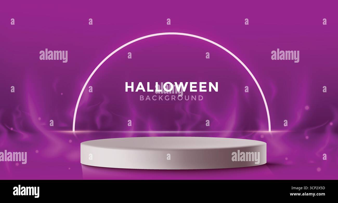 Spettrale sfondo viola di Halloween con arco luminoso, palco natalizio sul podio e clipart natalizio Illustrazione Vettoriale