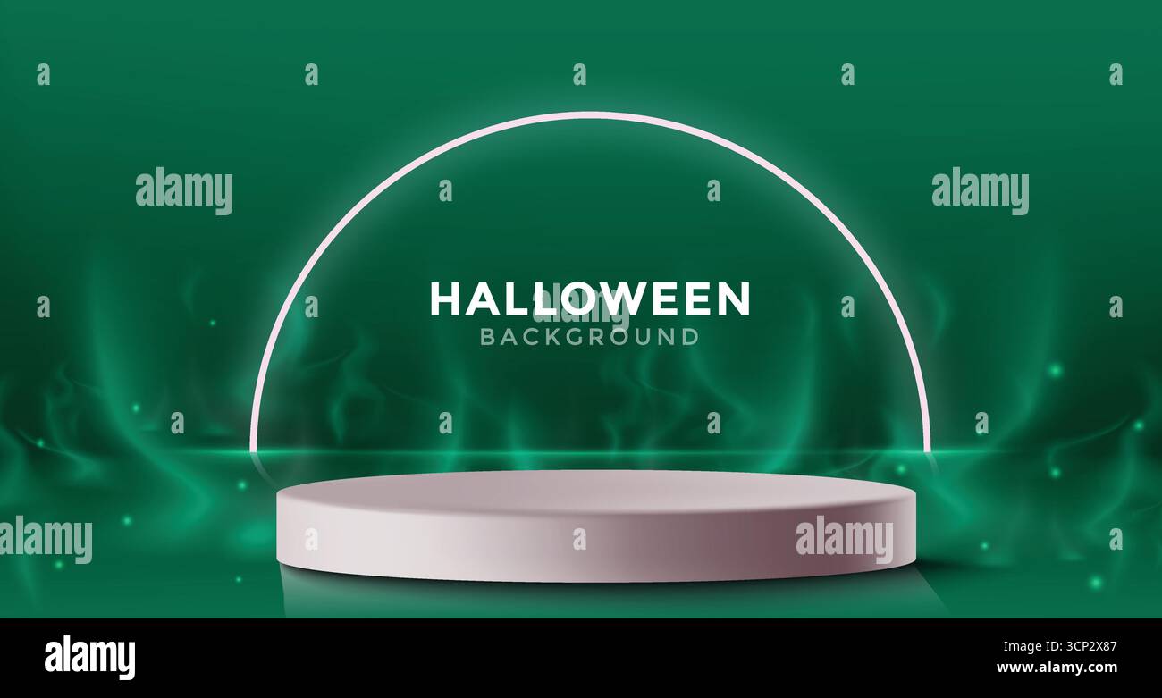 Sfondo verde spettrale di Halloween con arco luminoso, palco sul podio e illustrazione vettoriale natalizia Illustrazione Vettoriale