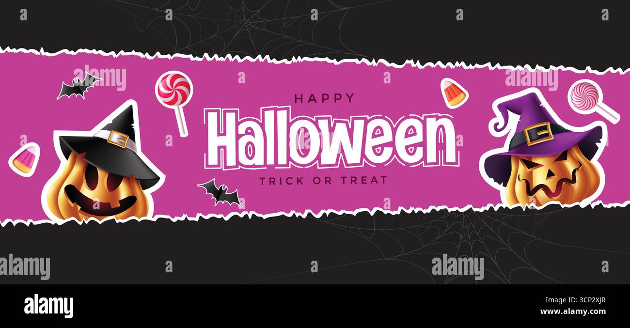 Happy Halloween Trick or Treat Pink Banner Vector Illustration with Pumpkins, Candy e Bats Illustrazione Vettoriale