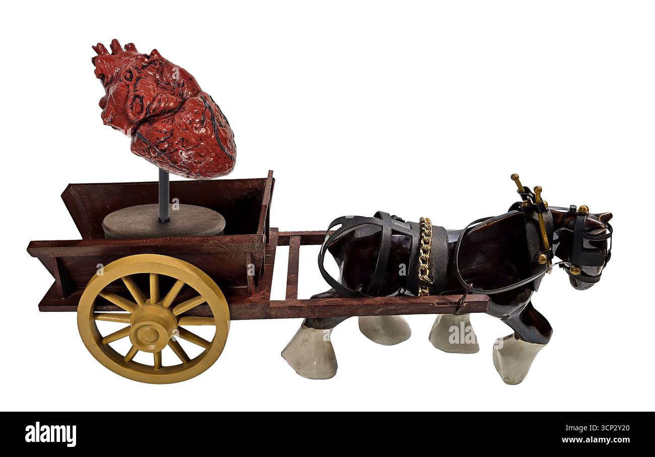 Quando il cuore si gonfia lentamente o irregolarmente mostrato da un cavallo che trascina un carro di legno con un modello di cuore Foto Stock