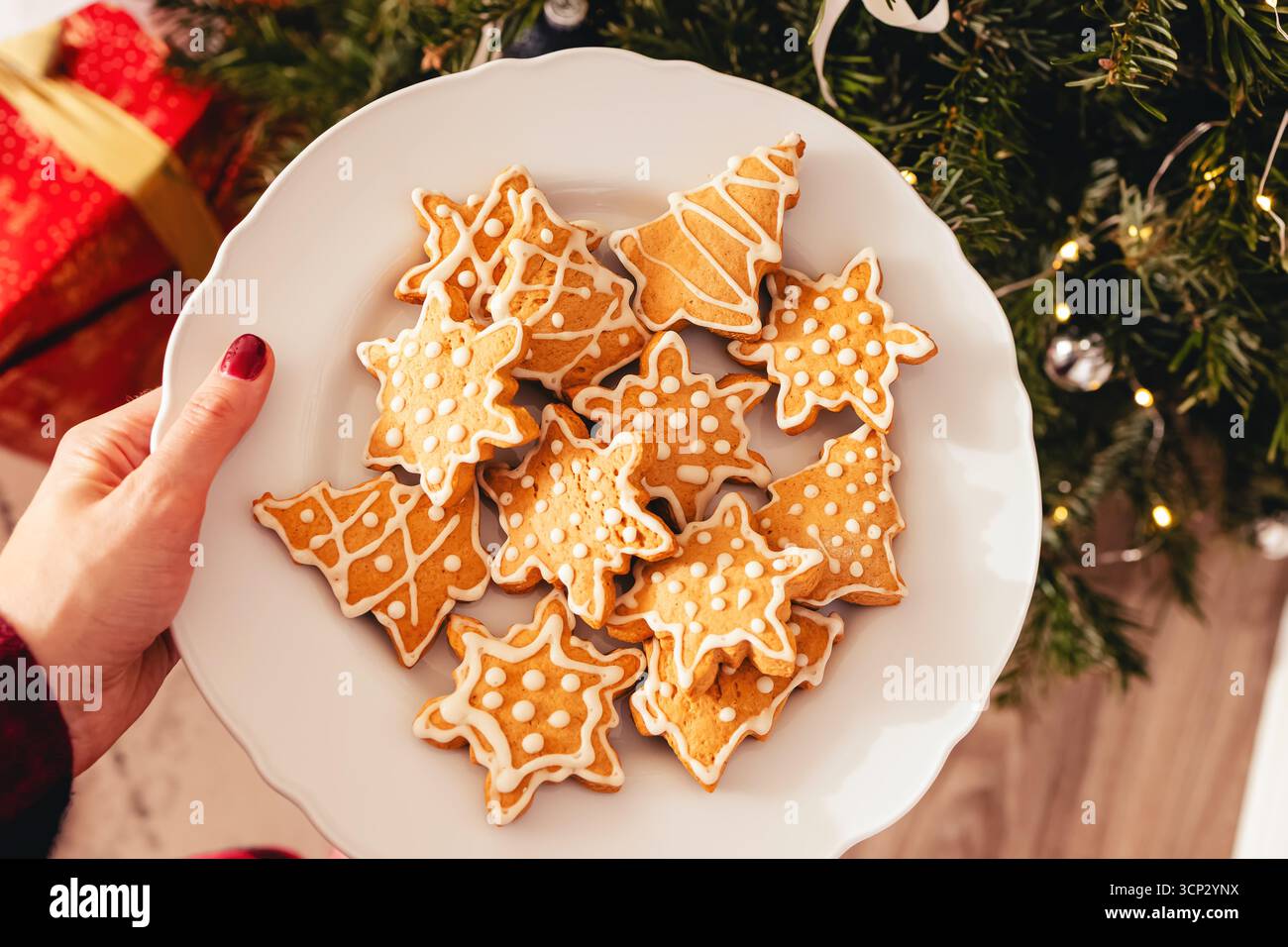 Piatto di biscotti di pan di zenzero decorati in forme festose. Foto Stock