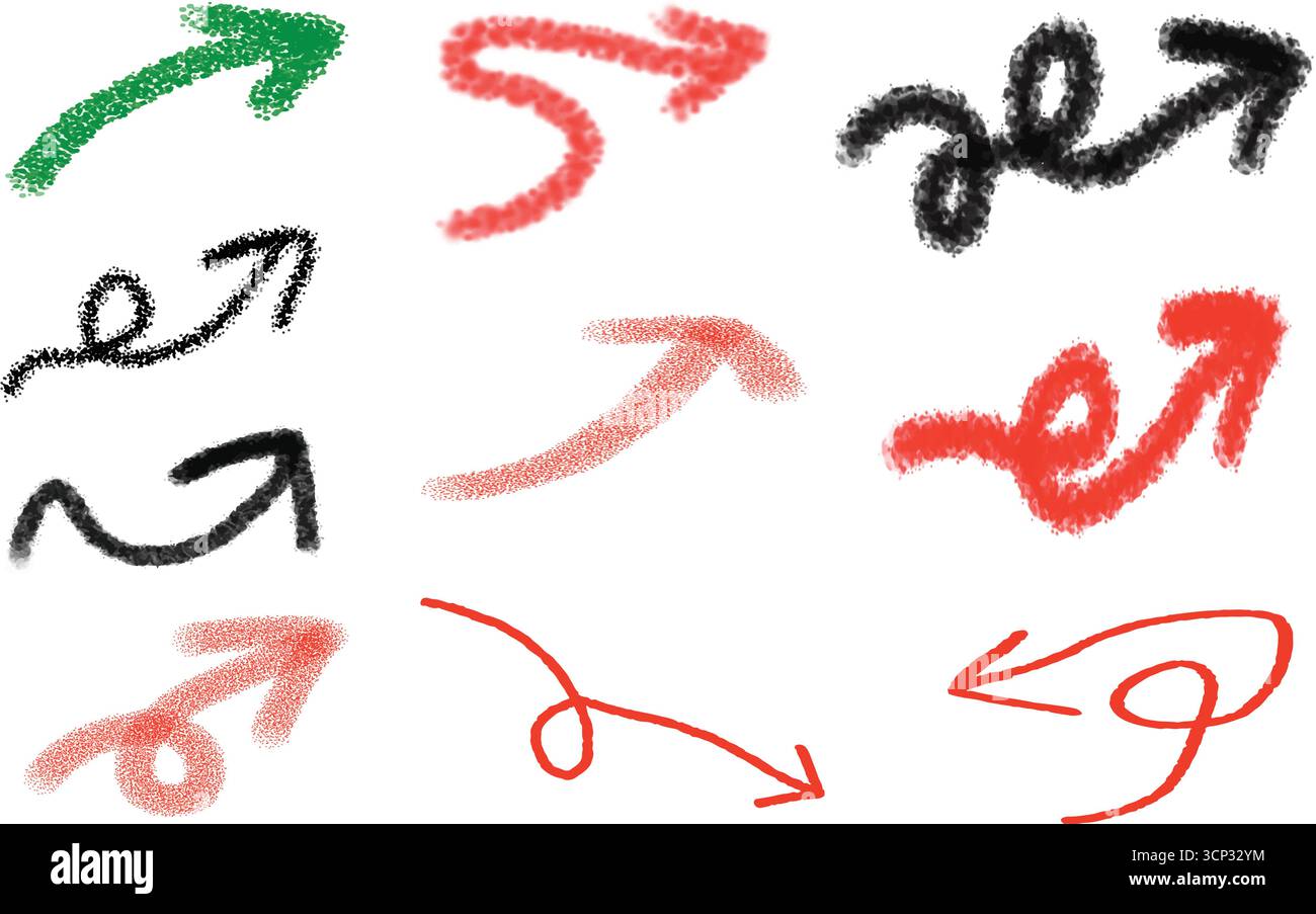 Set vettoriale colorato della collezione di frecce curve disegnate a mano digitalmente Illustrazione Vettoriale