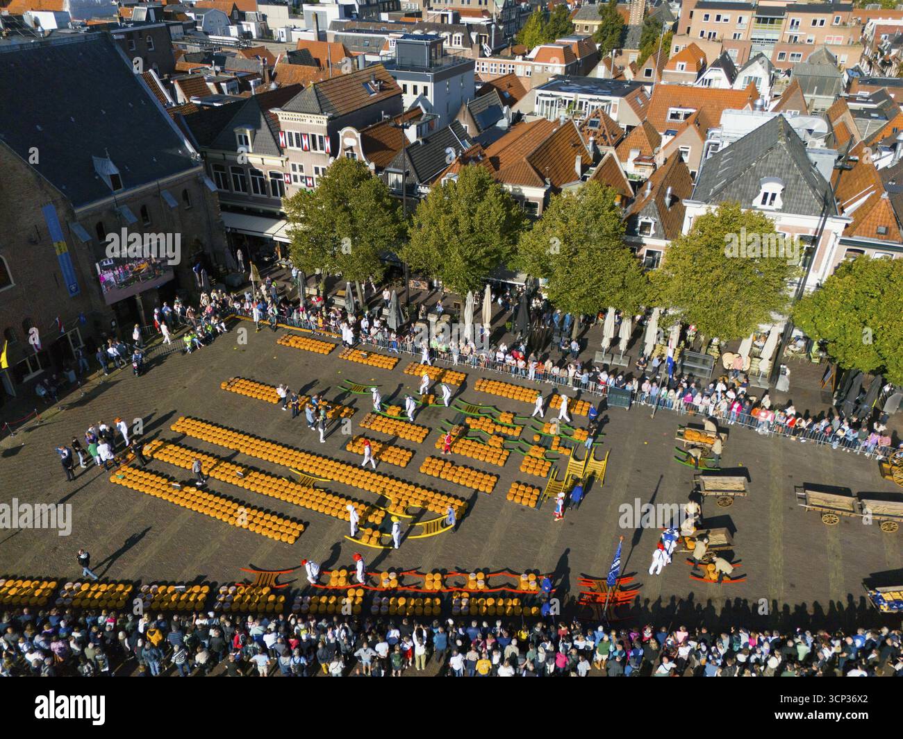 Vista aerea di un mercato affollato con formaggio arancio e gente, vista aerea, formaggio, mercato del formaggio, Alkmaar, Alkmar, NAord-Holland, NAord-Holland, ne Foto Stock