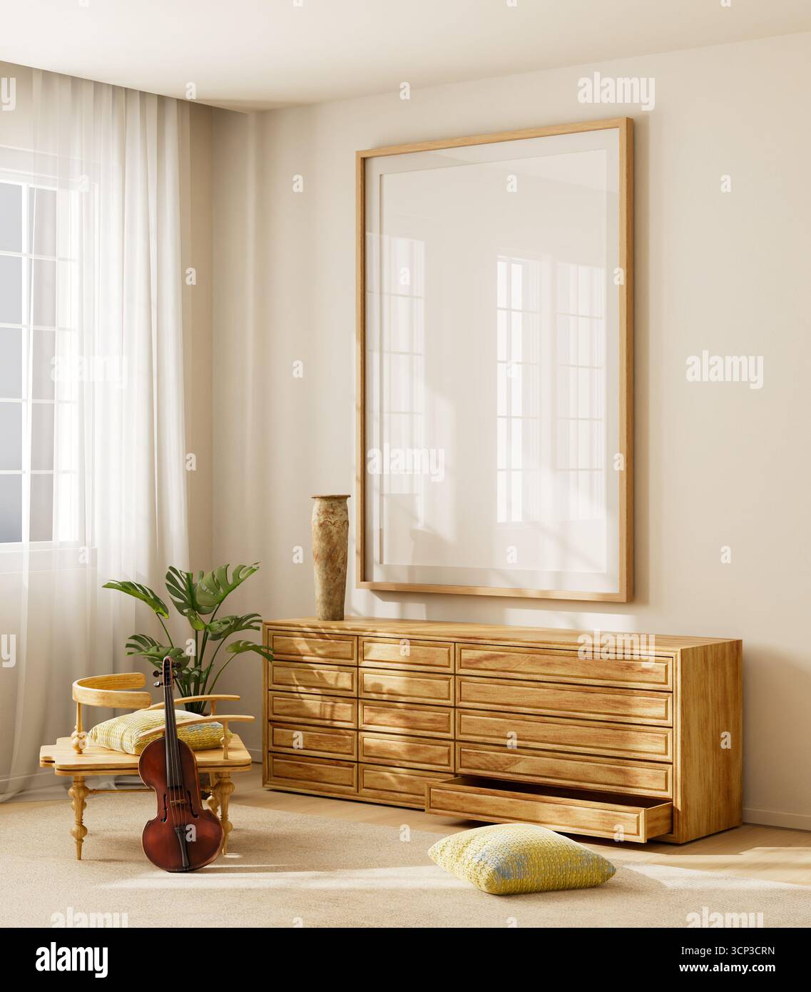 Un intimo interno scandinavo con una cornice a poster mock-up, mobili in legno, vasi in ceramica e un violino vintage che aggiungono fascino artistico. Illustrazione 3D. Foto Stock