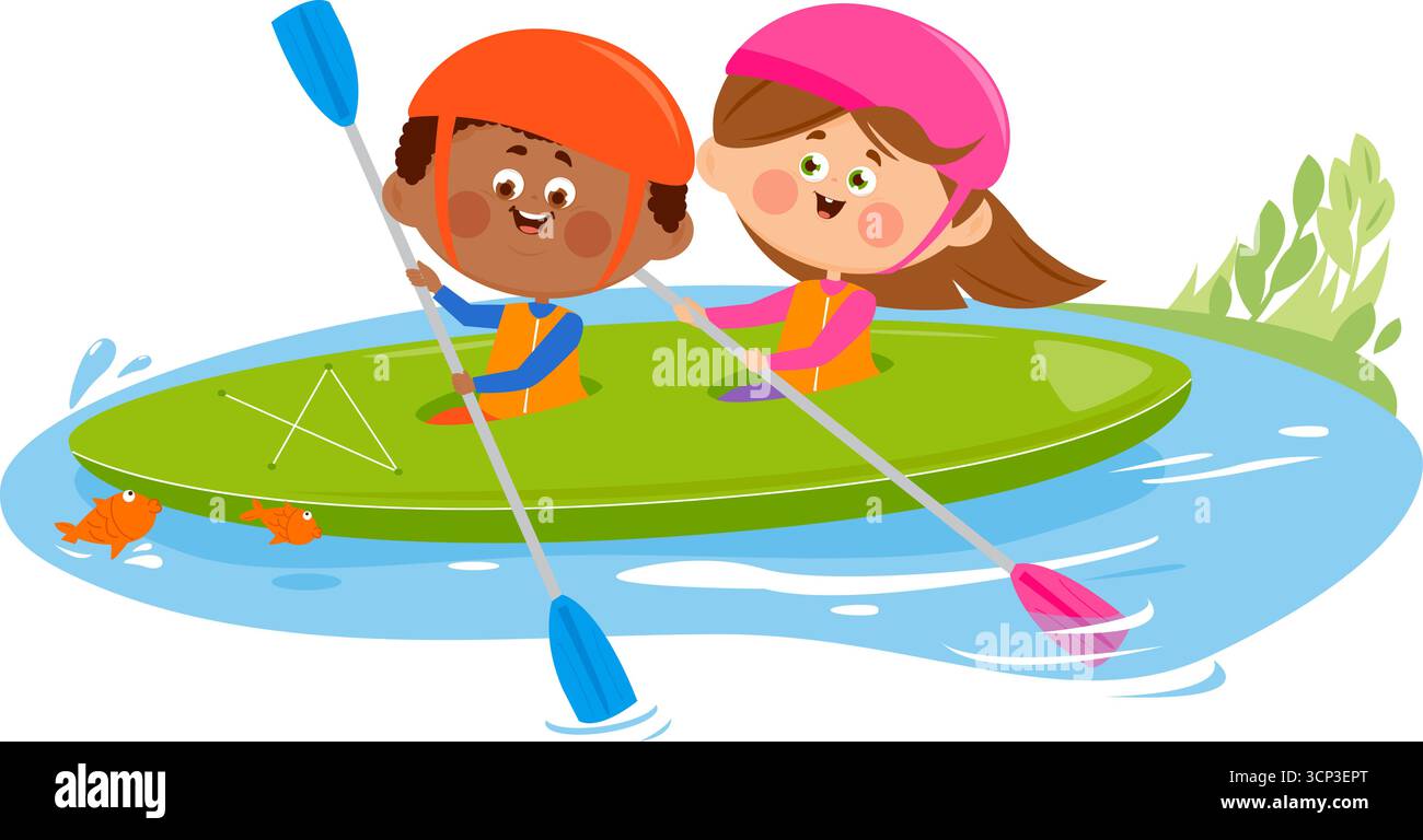 I bambini possono fare rafting su kayak o canoa con pagaie in barca sul fiume. Attività sportiva in kayak dei bambini che usano un kayak per muoversi sulle onde d'acqua. Illustrazione Vettoriale