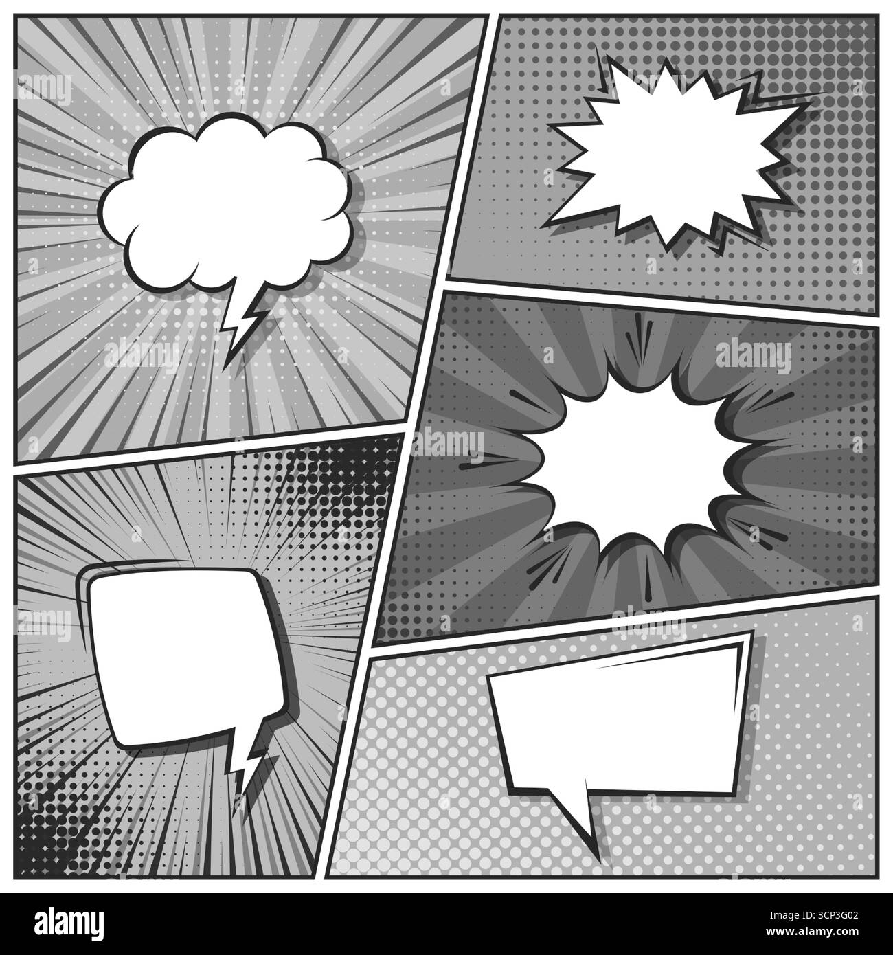 Sfondo fumettistico dei cartoni animati. Bolla del discorso. Poster in bianco e nero del libro di fumetti con elementi mezzitoni e linee radiali. Stile Pop Art retrò. Vettore Illustrazione Vettoriale