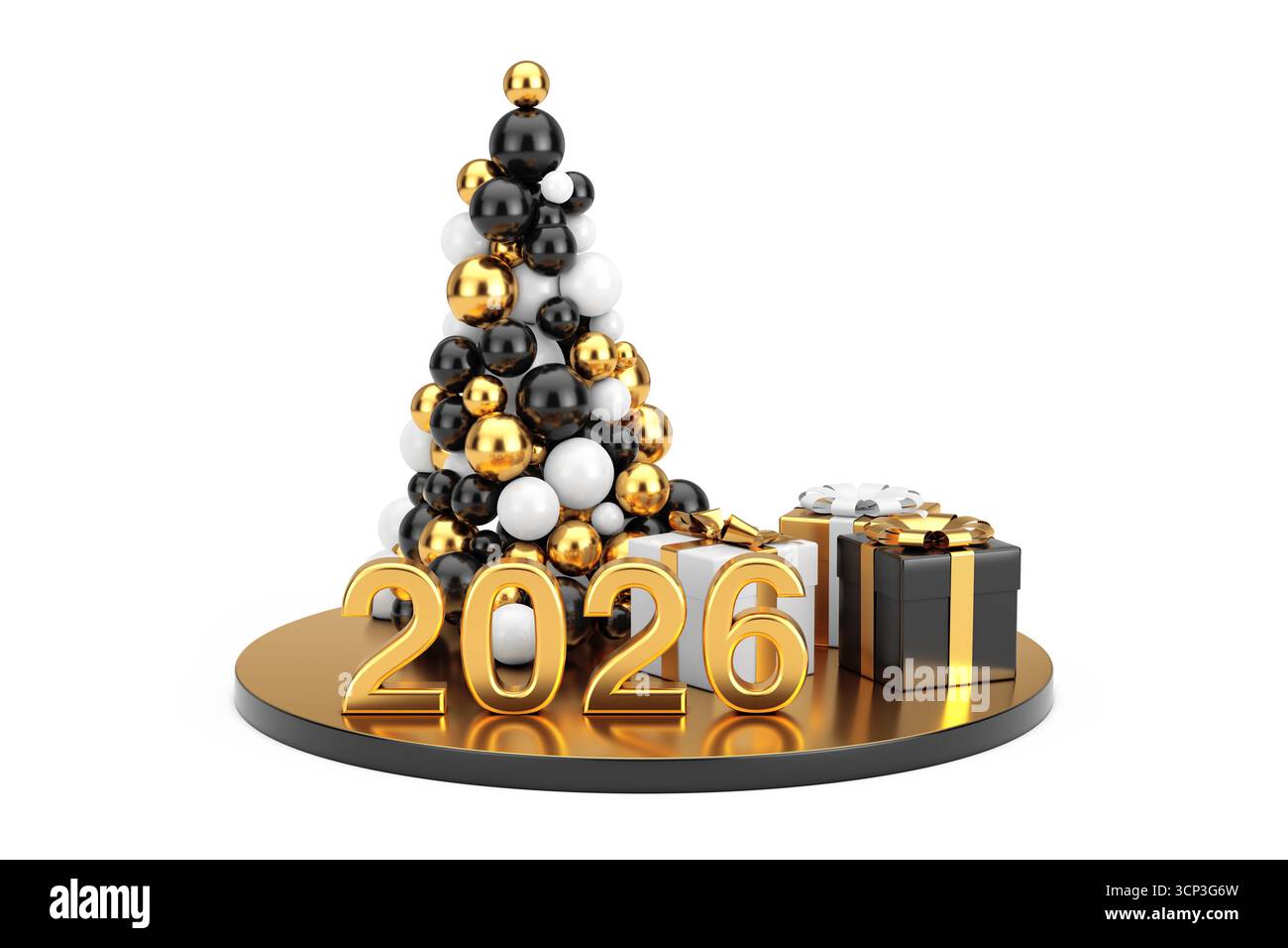 Concetto di shopping per l'anno nuovo. Palline d'oro a forma di albero di Natale, insegna Gold Capodanno 2026 e scatole regalo su sfondo bianco. Rendering 3d. Foto Stock