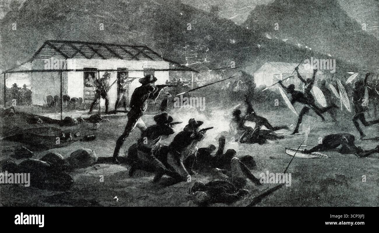 Impressione dell'artista dell'attacco dei Matabele al negozio di Cummings. Circa 38 coloni dovettero rifugiarsi fino all'arrivo di Gifford con rinforzi. Da una fotografia stampata originariamente pubblicata da William Heinemann nel libro del 1926 "Scouting on two Continents". Foto Stock