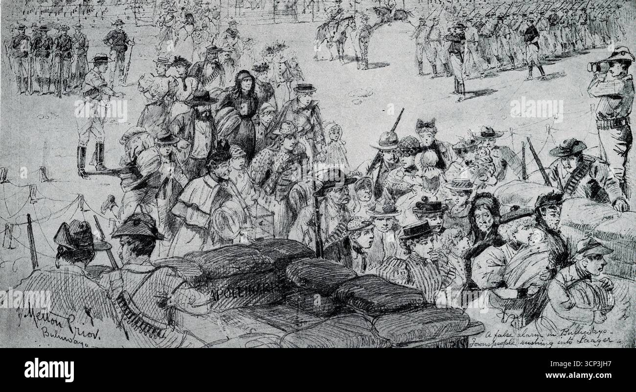 Cittadini che si precipitano nel laager di Bulawayo. Da una fotografia stampata pubblicata da William Heinemann nel libro del 1926 'Scouting on Two Continents' e originariamente da The Illustrated London News. Schizzo di Melton Prior. Foto Stock