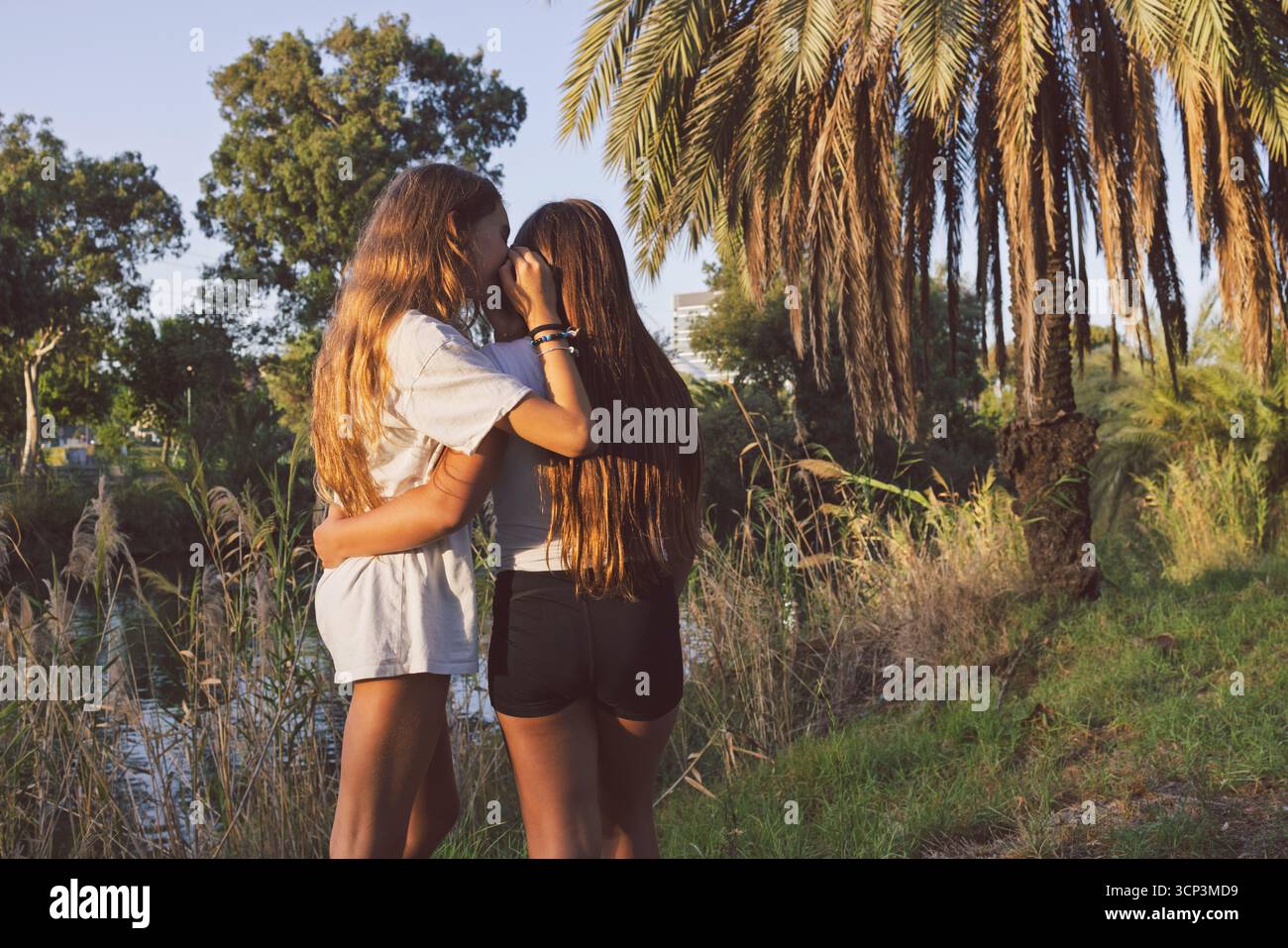 Due ragazze adolescenti che si abbracciano in un parco, una sussurrando un segreto all'altra, viste da dietro Foto Stock