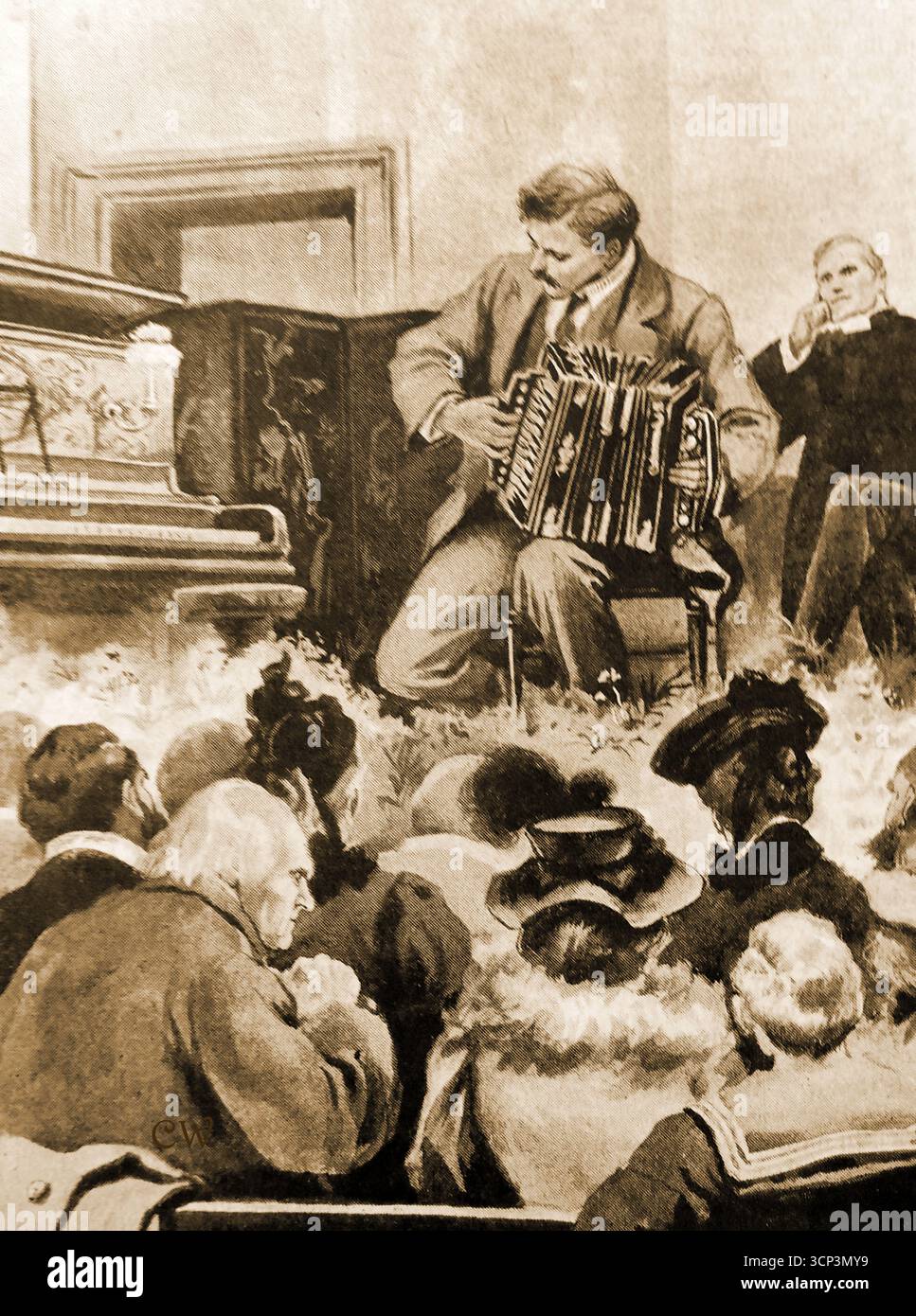 Spettacolo musicale di fisarmonica del 1908 in occasione di un incontro sociale o di uno spettacolo pubblico in una sala del villaggio britannico Foto Stock