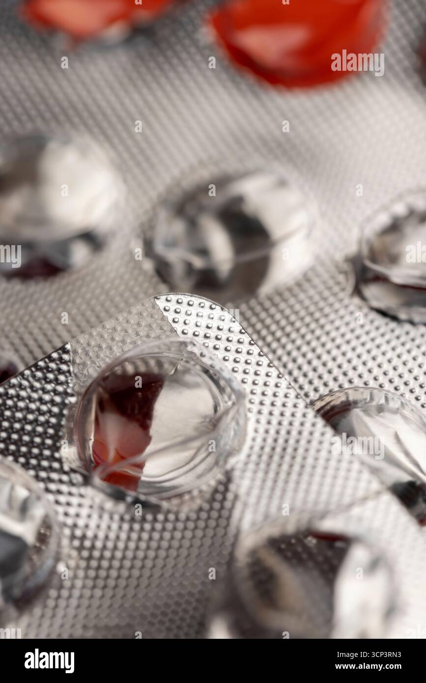 bolle vuote da compresse già utilizzate, confezioni vuote per medicinali Foto Stock