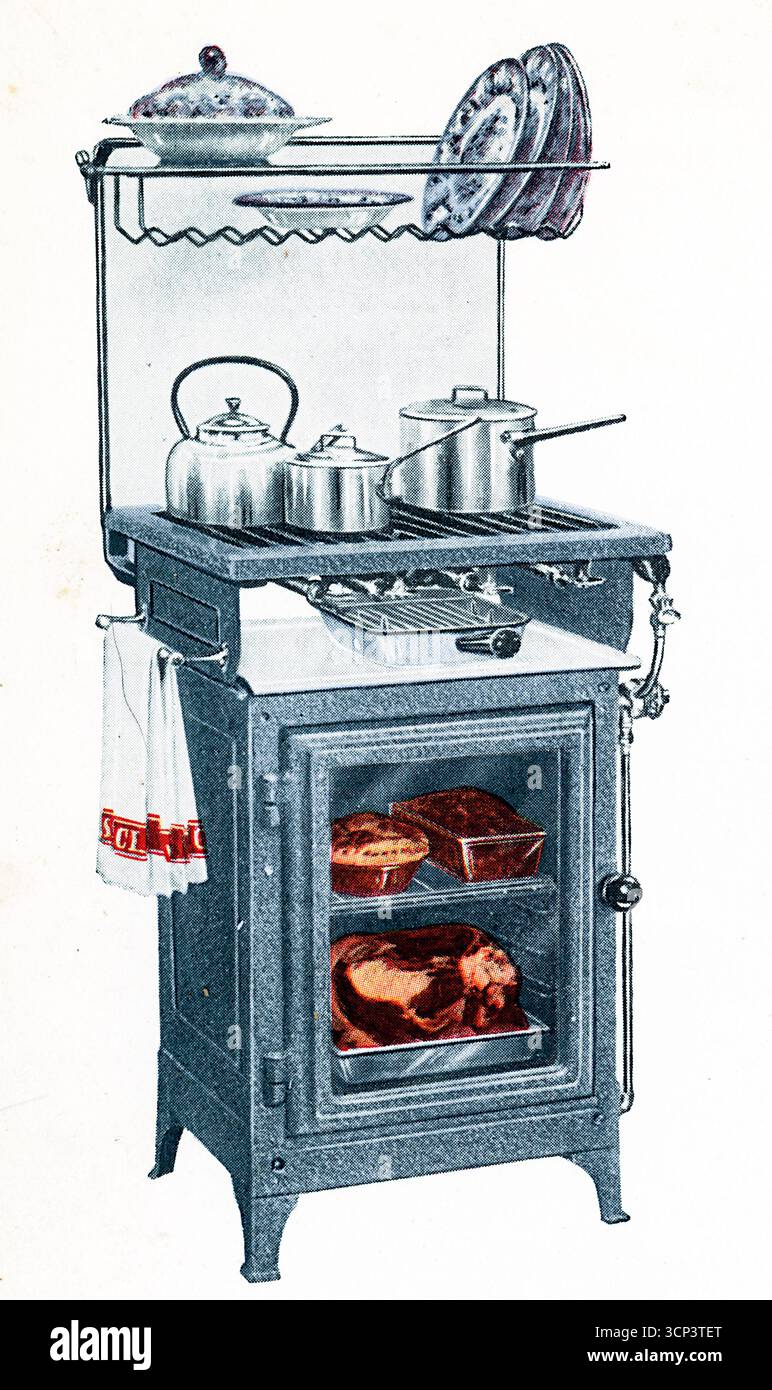 Denominato "equi-Heat", questo piano cottura a gas Vulcan era dotato di uno sportello in vetro ignifugo brevettato. Da una fotografia stampata che originariamente apparve nella pubblicazione, The Vulcan Cook Book, che fu pubblicato nel 1936 dalla Vulcan Stove Company di Exeter, Inghilterra. Foto Stock