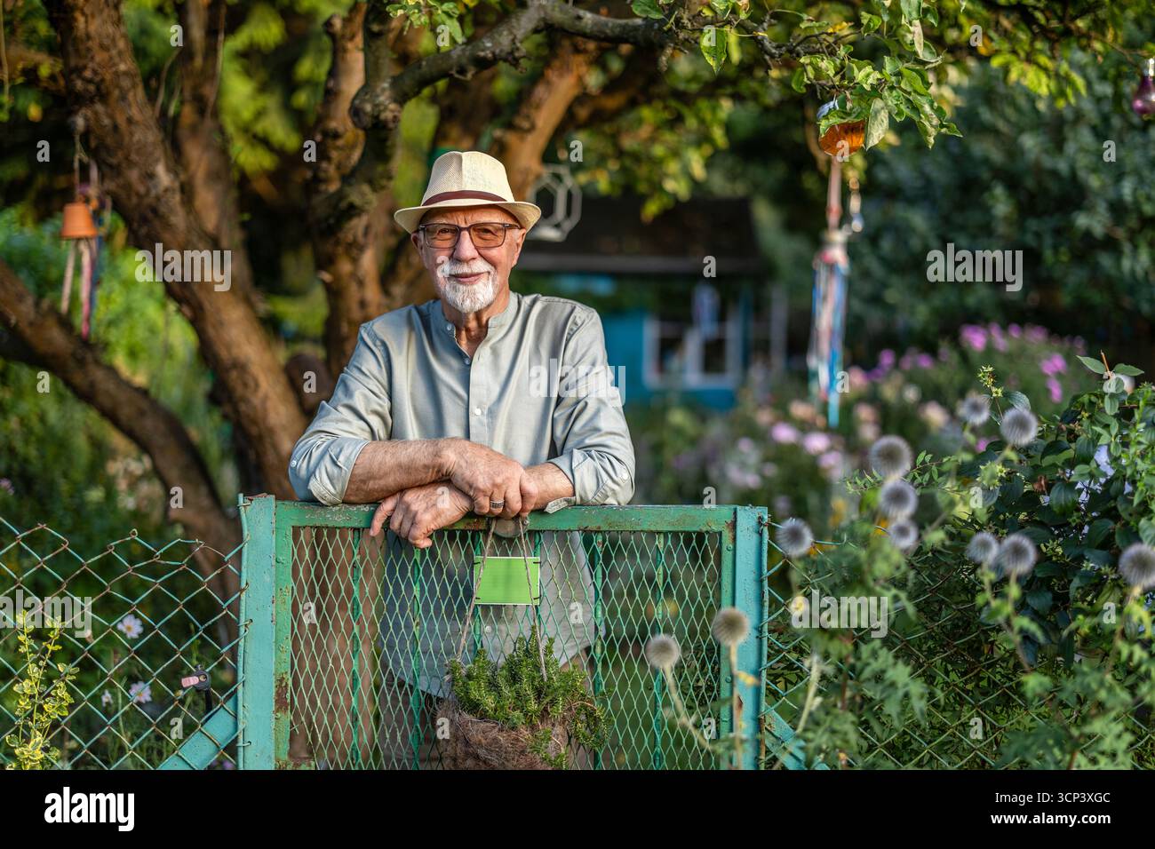 Uomo anziano in giardino durante il giorno d'estate Foto Stock