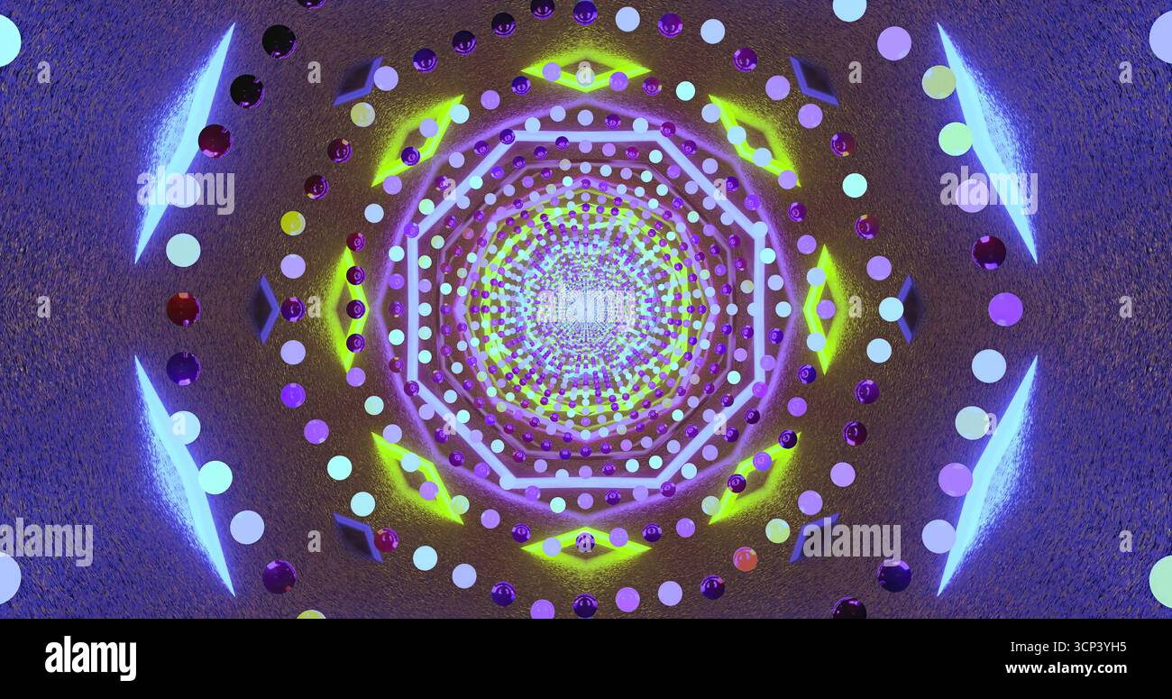 Lo straordinario design circolare presenta luci luminose e varie forme, creando un effetto visivo ipnotico. La scena è dinamica e cattura il beau Foto Stock
