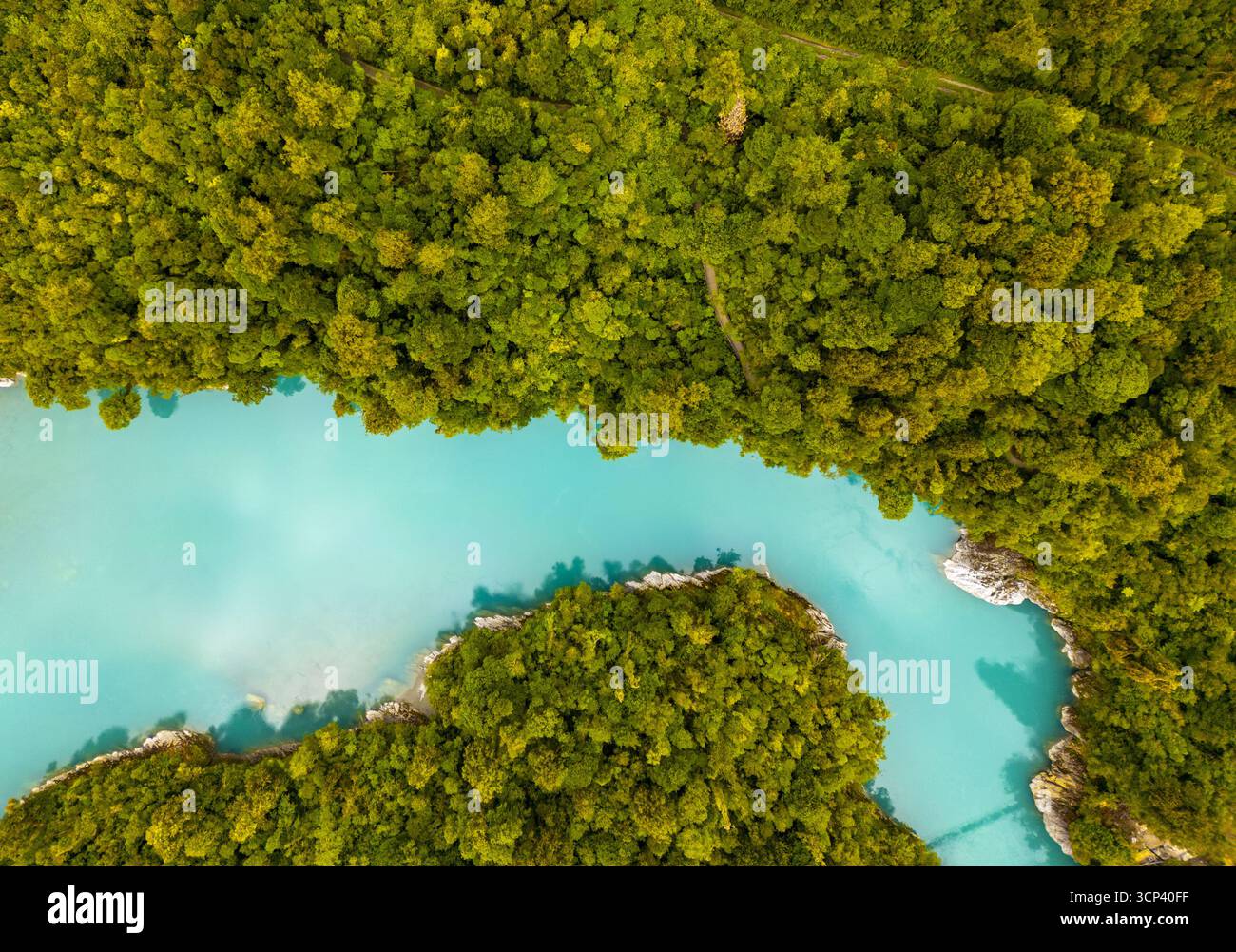 Vista aerea delle acque turchesi che si snodano attraverso una fitta tettoia della foresta, creando un affascinante contrasto di colori e texture, città sconosciuta, stato sconosciuto, paese sconosciuto. Foto Stock