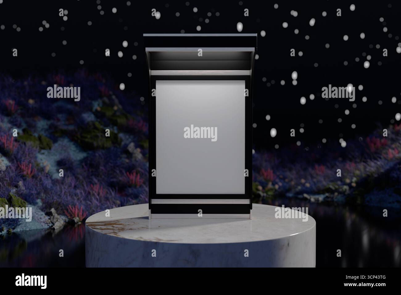 Mockup retroilluminato con display a poster isolato nelle scene notturne con luci. Rendering 3D. Foto Stock