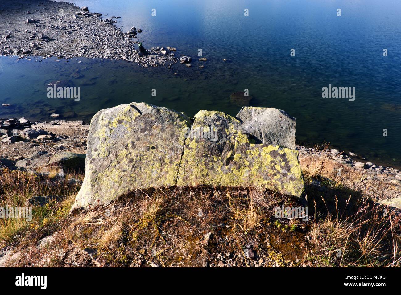 Roccia ricoperta di licheni presso il lago di montagna Descrizione: Una massiccia roccia con macchie di licheni gialli-verdi, che si erge al bordo di un lago di montagna cristallino Foto Stock