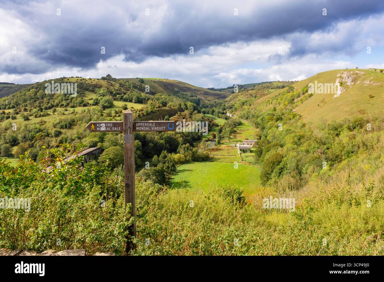 Segnavia per il sentiero a Monsal Head sopra Monsal Dale e il sentiero Monsal Dale sopra il viadotto nel Peak District National Park. Bakewell, Derbyshire, Inghilterra, Regno Unito Foto Stock