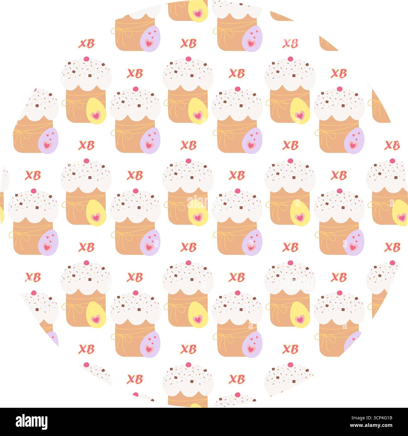 Torta di Pasqua disegnata a mano e uova di Pasqua dipinte con decorazioni a cuori auguri di Pasqua sfondo natalizio. Illustrazione vettoriale isolata auguri per le festività di Pasqua carte tematiche sfondo invito alla festa, opuscolo Illustrazione Vettoriale